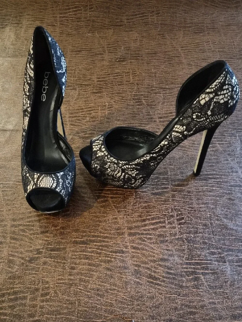 bebe Black and Cream Lace Peep-Toe Stilettos